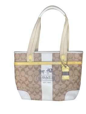 Coach Canvas Tote in Tan, White & Yellow Trim vintage
